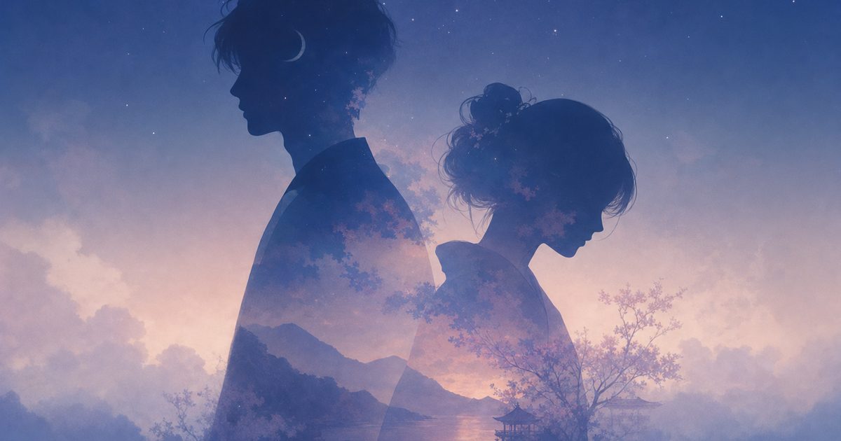 夜空を背景に重なり合う二つのシルエットの幻想的なイラスト