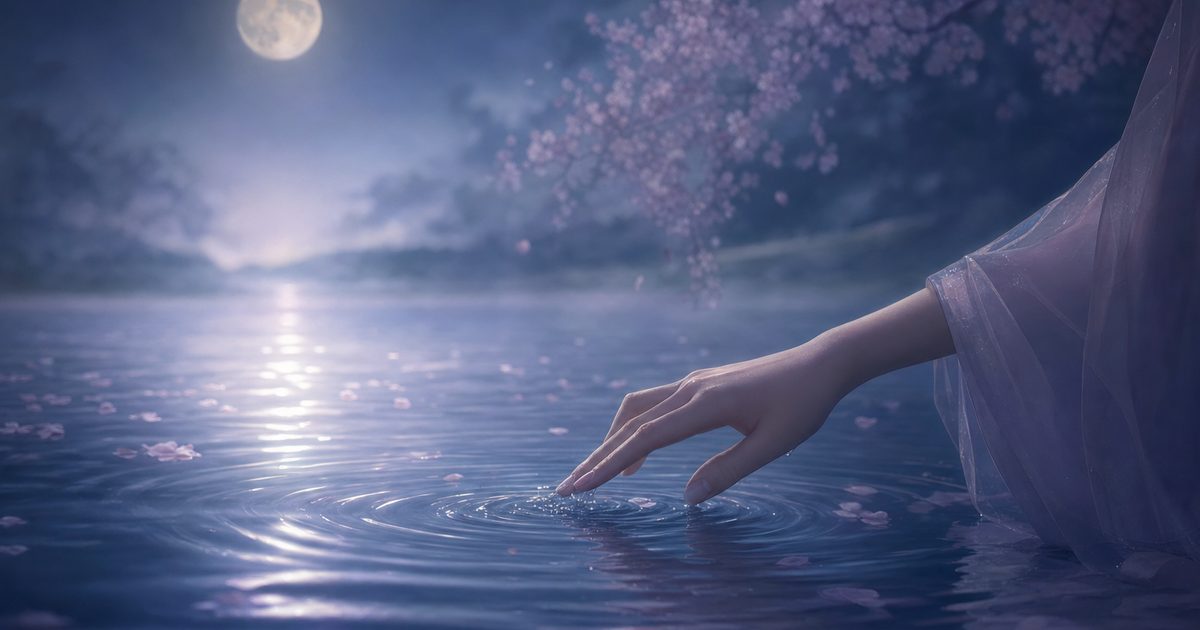 月明かりの下で水面にそっと触れる手を描いた、夢の感触をイメージした幻想的なイラスト