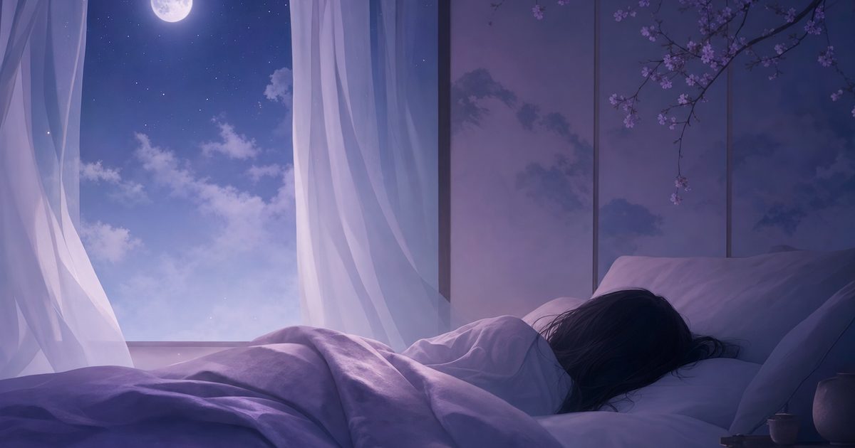 夜のベッドで穏やかに眠る人と月明かりが差し込む寝室のイメージ