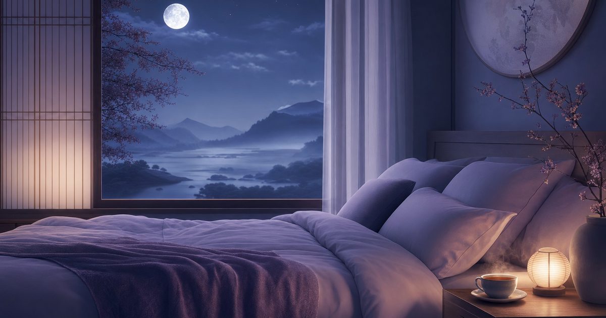 月明かりが差し込む静かな寝室のイメージ、悪夢からの安心を表す穏やかな夜の風景