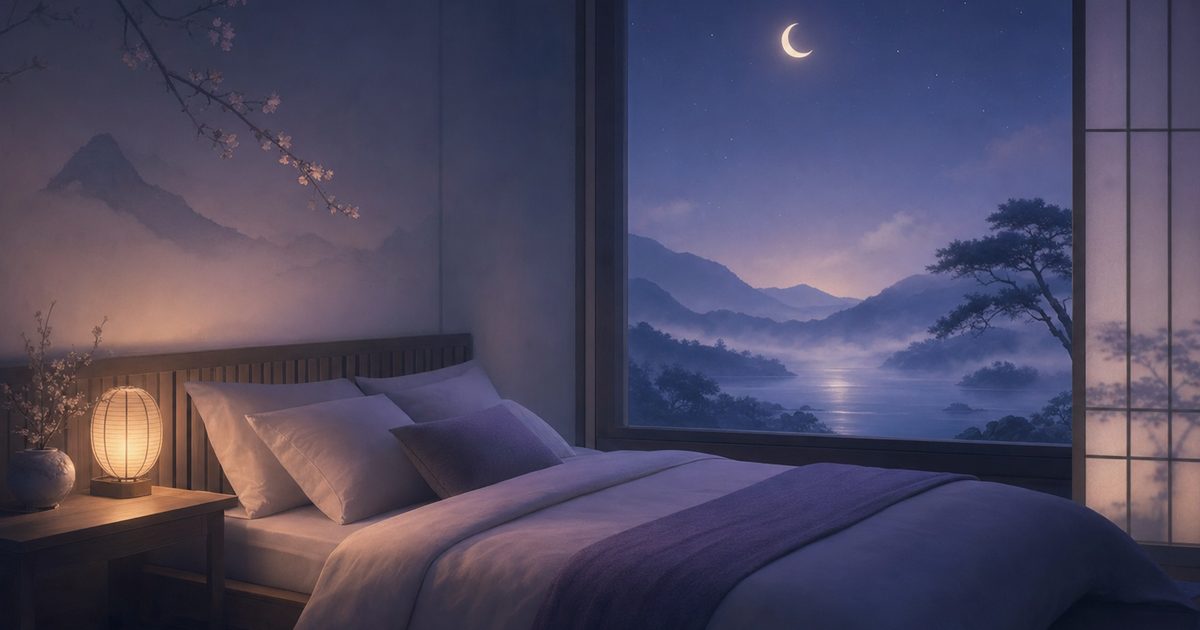落ち着いた寝室の夜のイメージ、安心できる睡眠環境を表す写真
