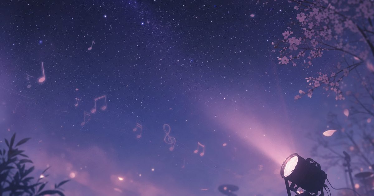 推しが夢に出てくる意味を表す、星空とステージの光をイメージした柔らかい雰囲気のイラスト