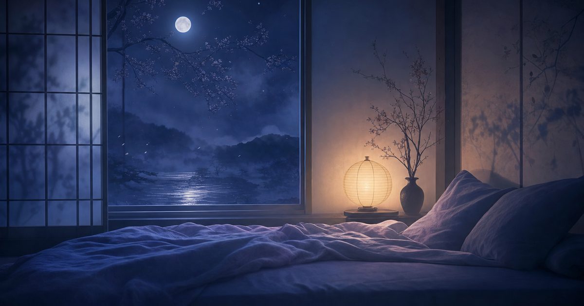 夜の静かな寝室に月明かりが差し込む、反復夢をイメージした穏やかな風景