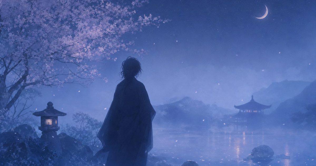 霧の中に立つ顔の見えない人影のイラスト、夢に出てくる知らない人のイメージ